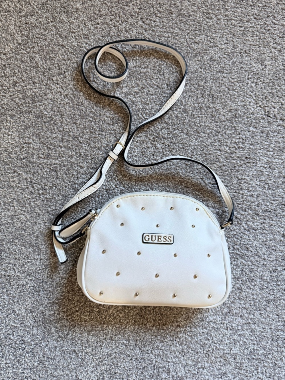 Guess White Dome Crossbody with Gold Studs Double Zipper compartment